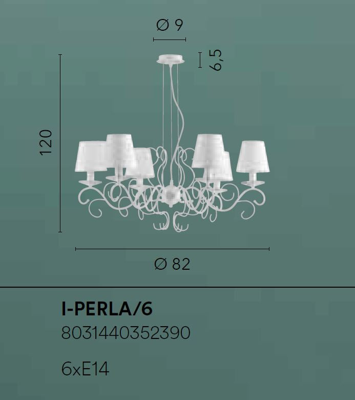 Sospensione 6 luci metallo bianco cristalli K9 paralumi lavorati bianchi 6XE14 non incl. PERLA Sospensione 6 luci metallo bianco cristalli K9 paralumi lavorati bianchi 6XE14 non incl. PERLA